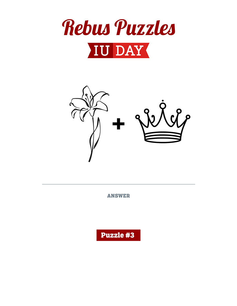 Rebus puzzle three with a clue of lily flower plus crown