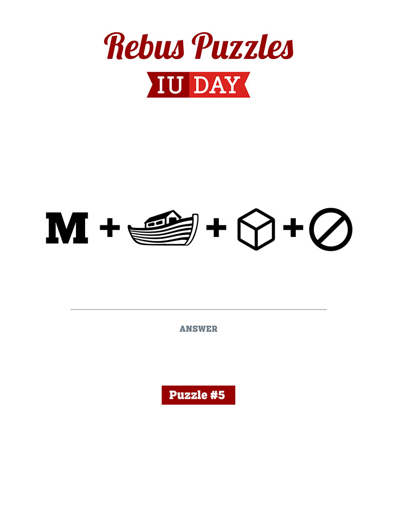 Rebus puzzle five with a clue of the letter M plus ark (boat) plus ice cube plus banned symbol