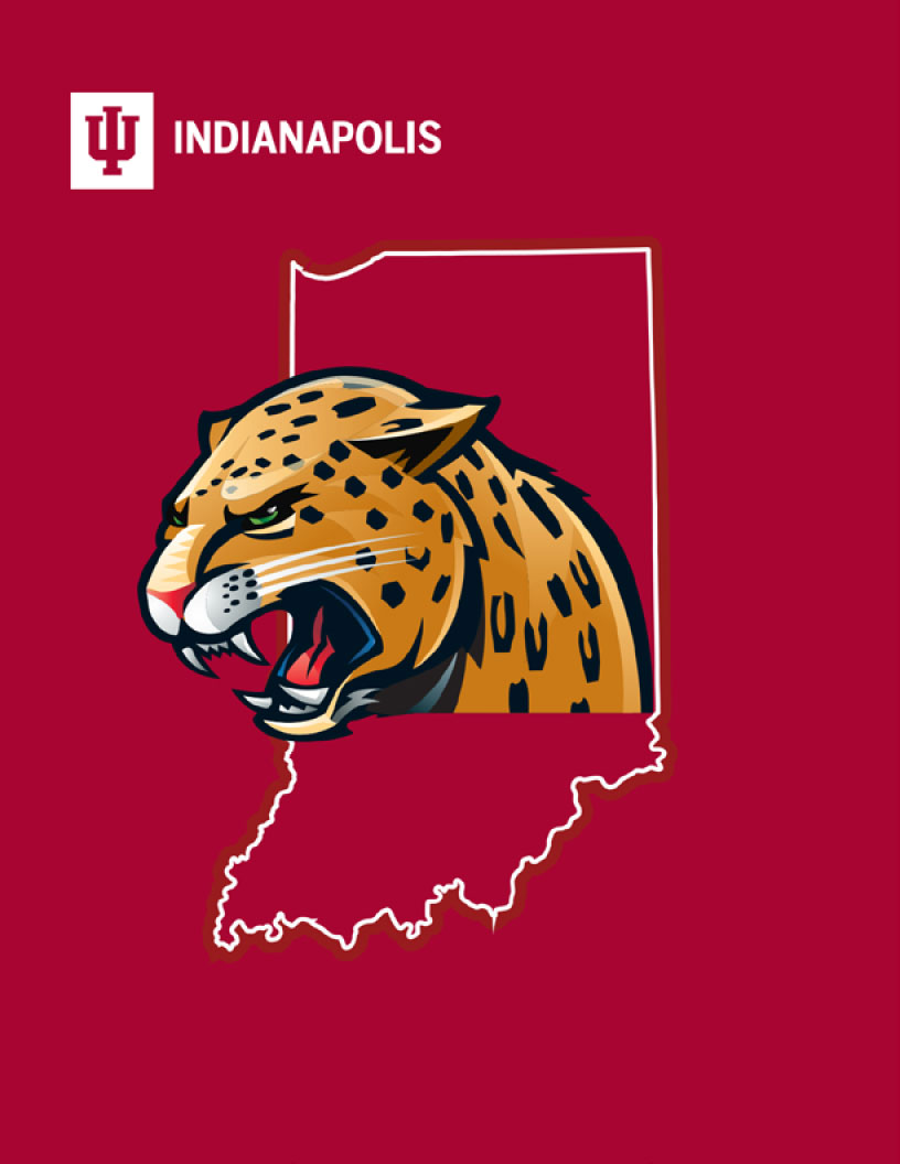 Red binder cover with IU Indianapolis lockup, Indiana state outline, and IU Indy jaguar mascot