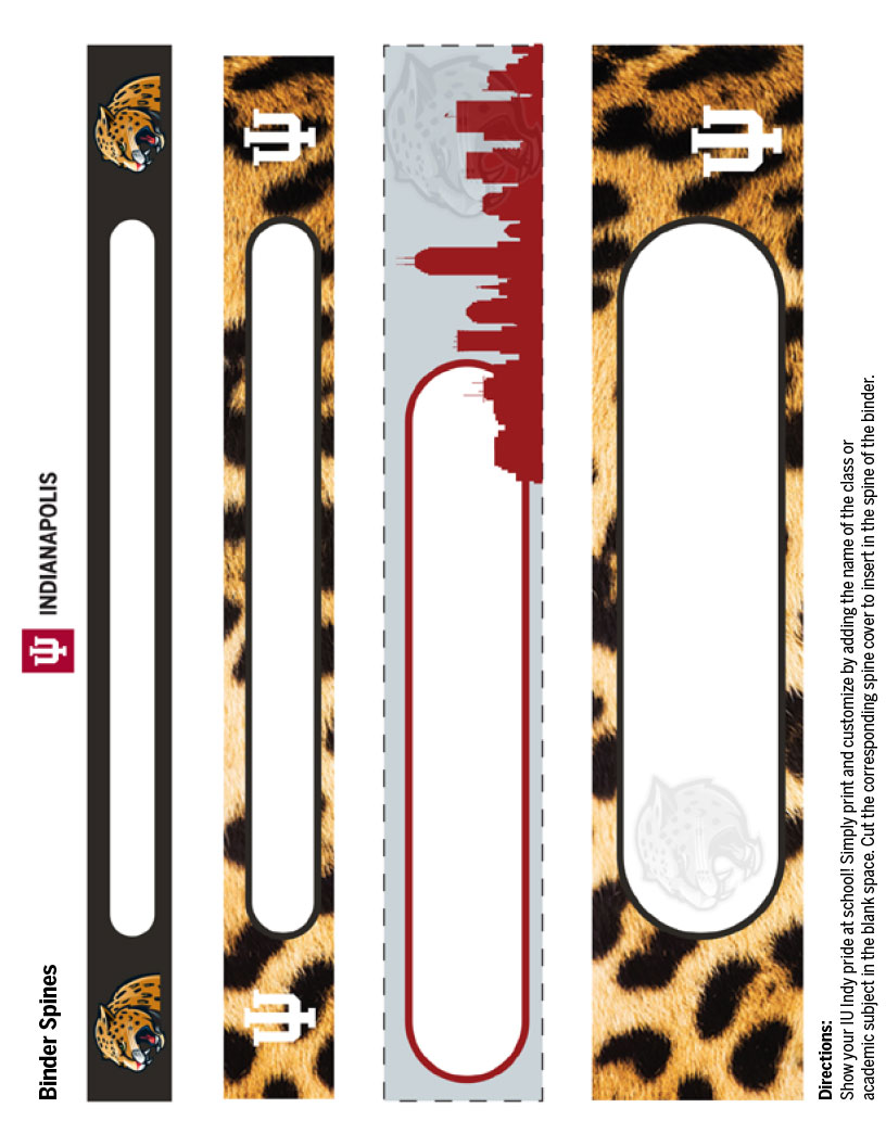 black, gray, red, and jaguar print IU Indy themed binder spines with IU logo and jaguar mascot