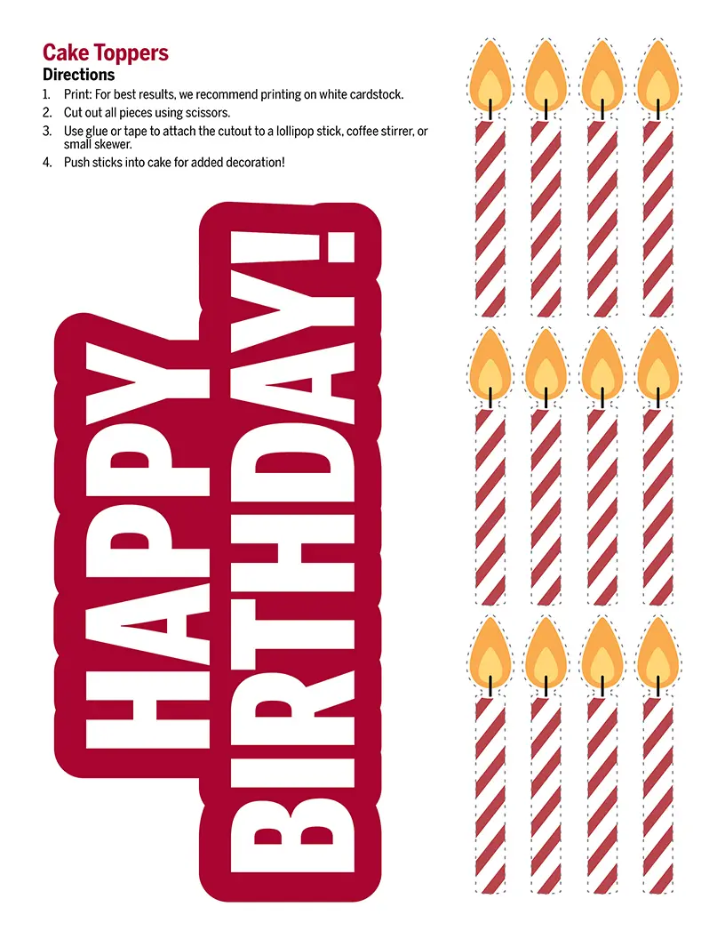 Cake topper cutouts with "Happy Birthday!" text and candles