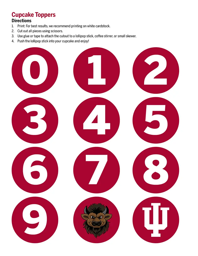 Round red cupcake toppers with white numbers 0-9 with one Hoosier the bison topper and one I U trident topper