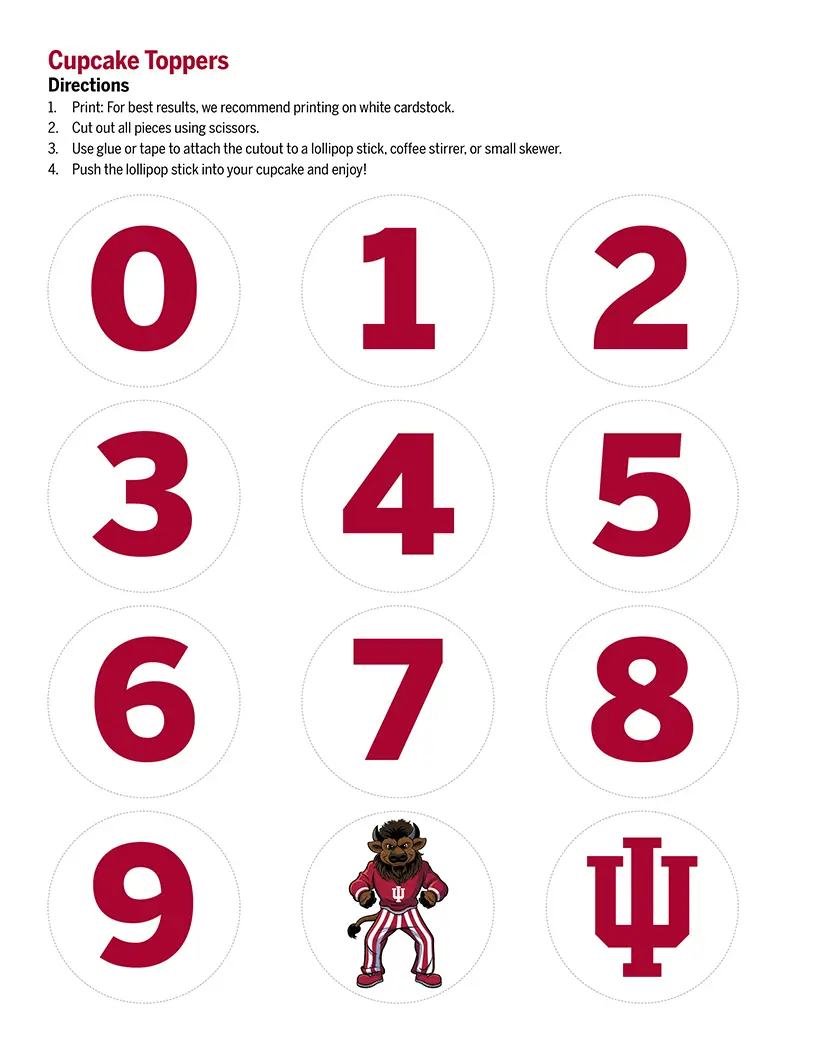 Round white cupcake toppers with red numbers 0-9 with one Hoosier the bison topper and one I U trident topper