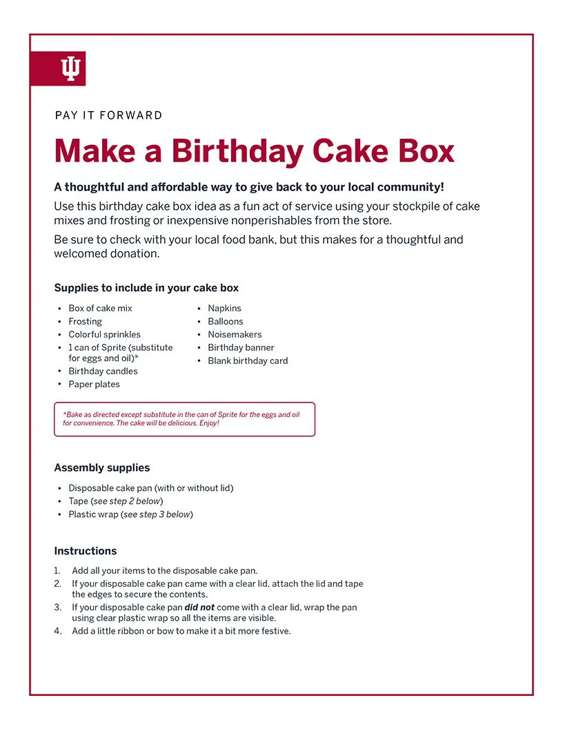 "Make a birthday cake box" instructions for assembling a donation kit