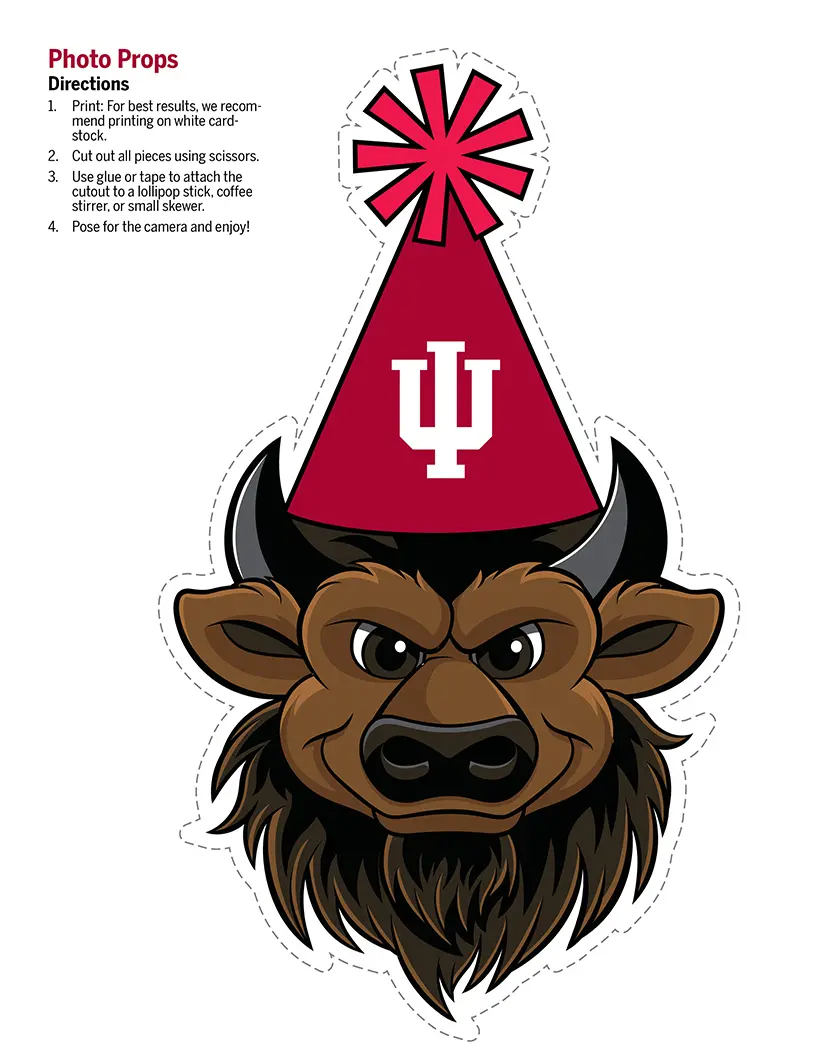 photo prop cutout of Hoosier the bison wearing I U party hat