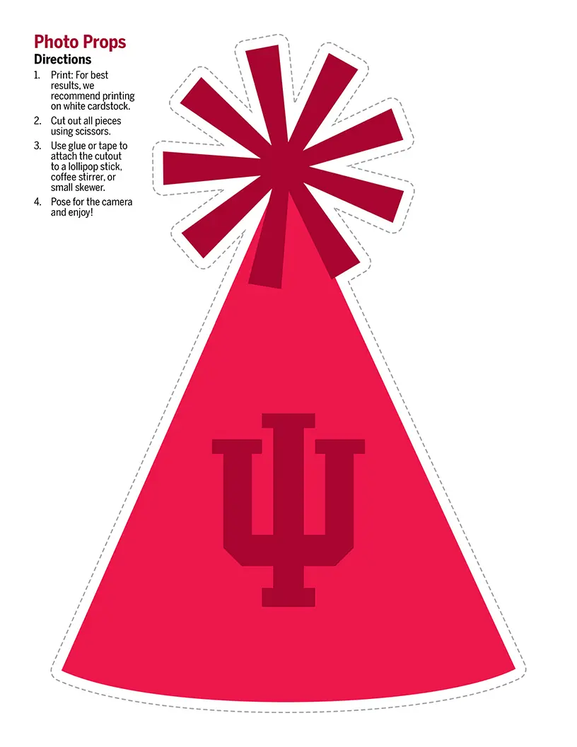 Photo prop cutout of bright red I U party hat with crimson trident