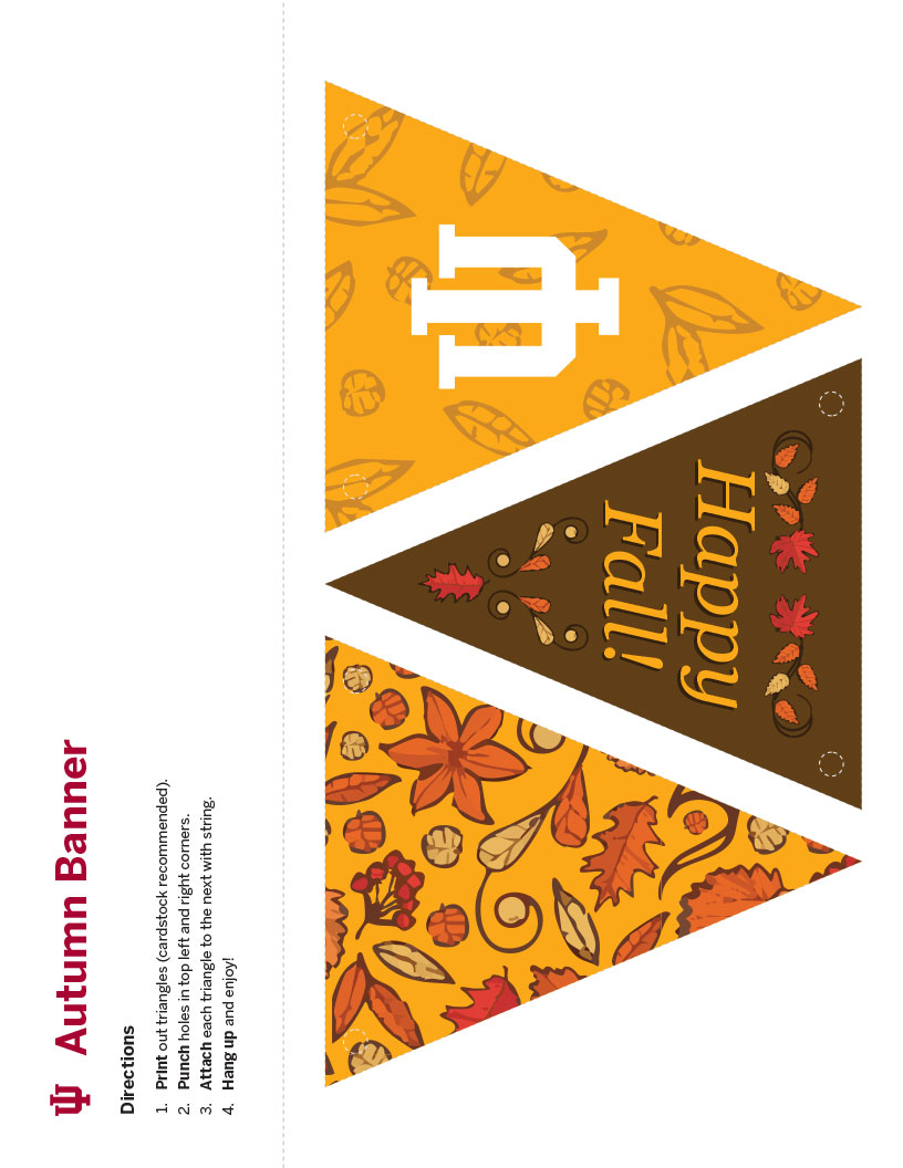 Gold and brown "Happy Fall" banner with autumnal patterns and IU trident