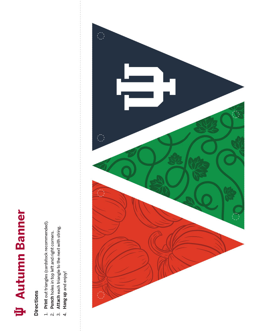 Banner with orange, green, and black sections with pumpkin, vines, and IU trident