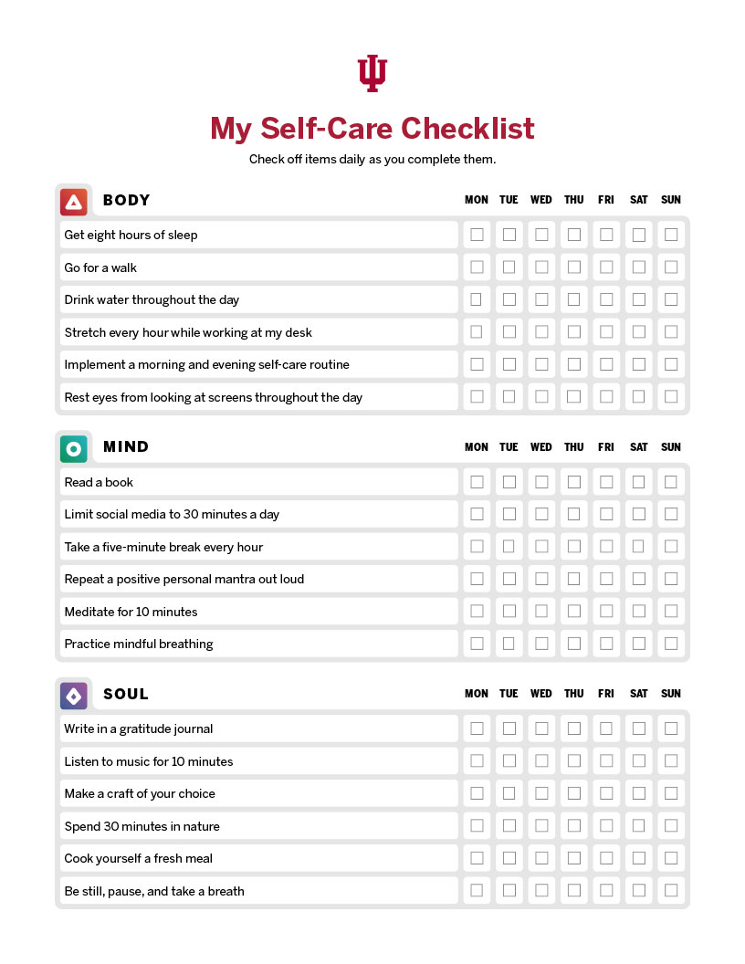 Daily Self care checklist pre-filled with activities