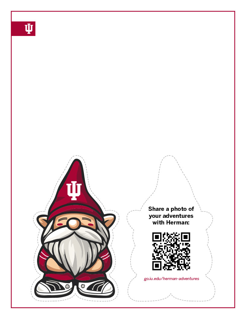 Small front and back Herman the gnome cutouts with QR code on the back for sharing Herman's adventures pictures