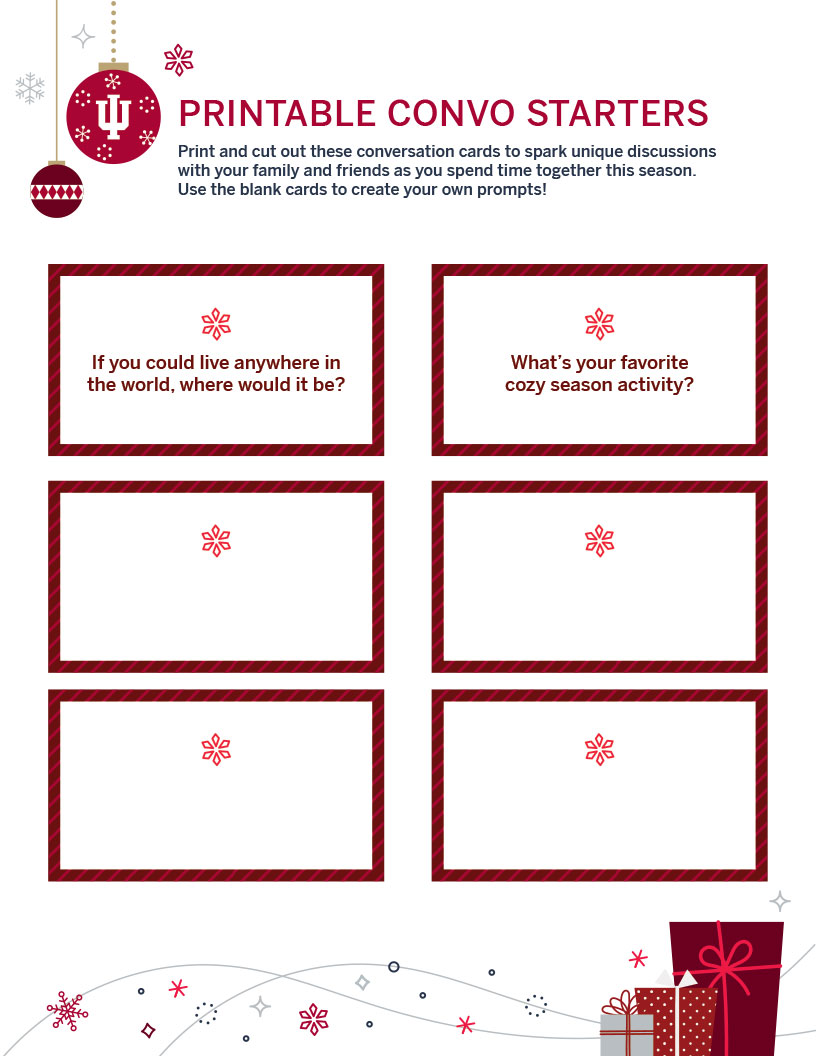 Printable conversation starter cards with blank cards to write your own prompts