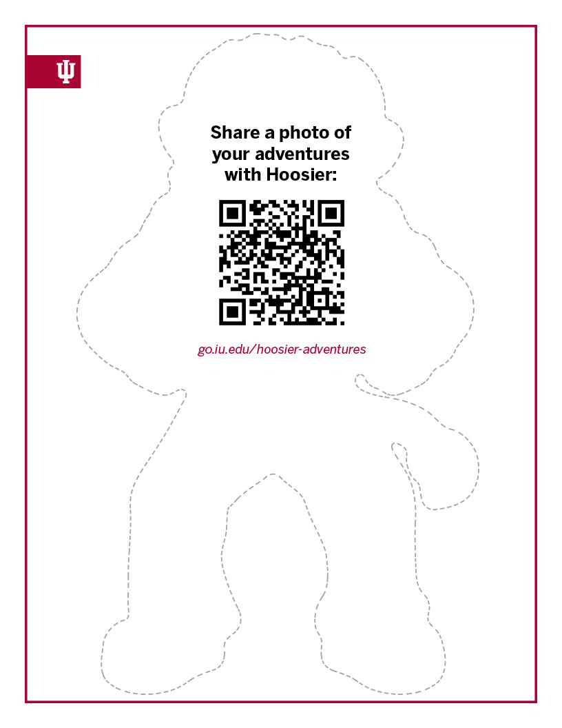 back side of full body cutout of Hoosier the Bison with QR code for sharing Hoosier's Adventures