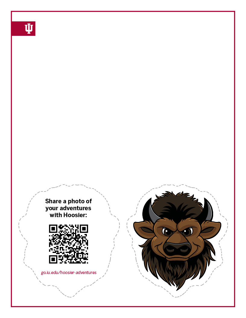 small front and back sides of head cutout of Hoosier the Bison with QR code for sharing Hoosier's Adventures