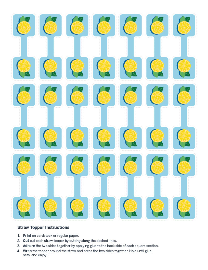 blue straw toppers with lemon slice design