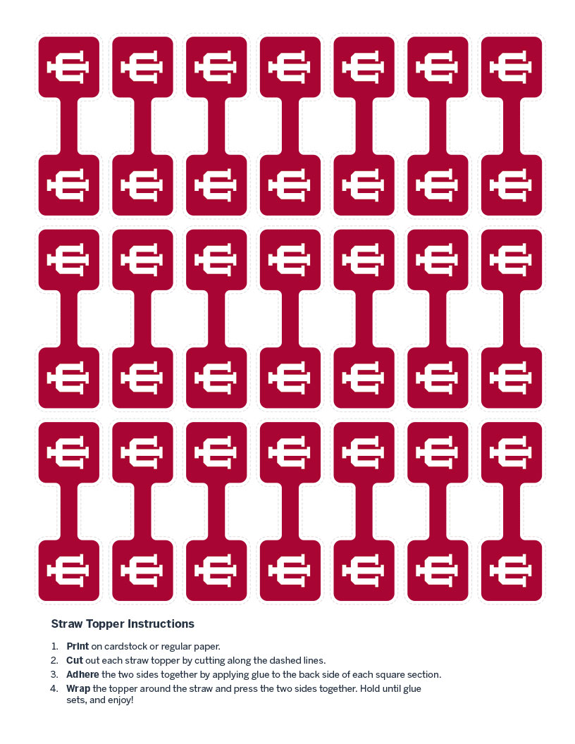red straw toppers with white I U trident design