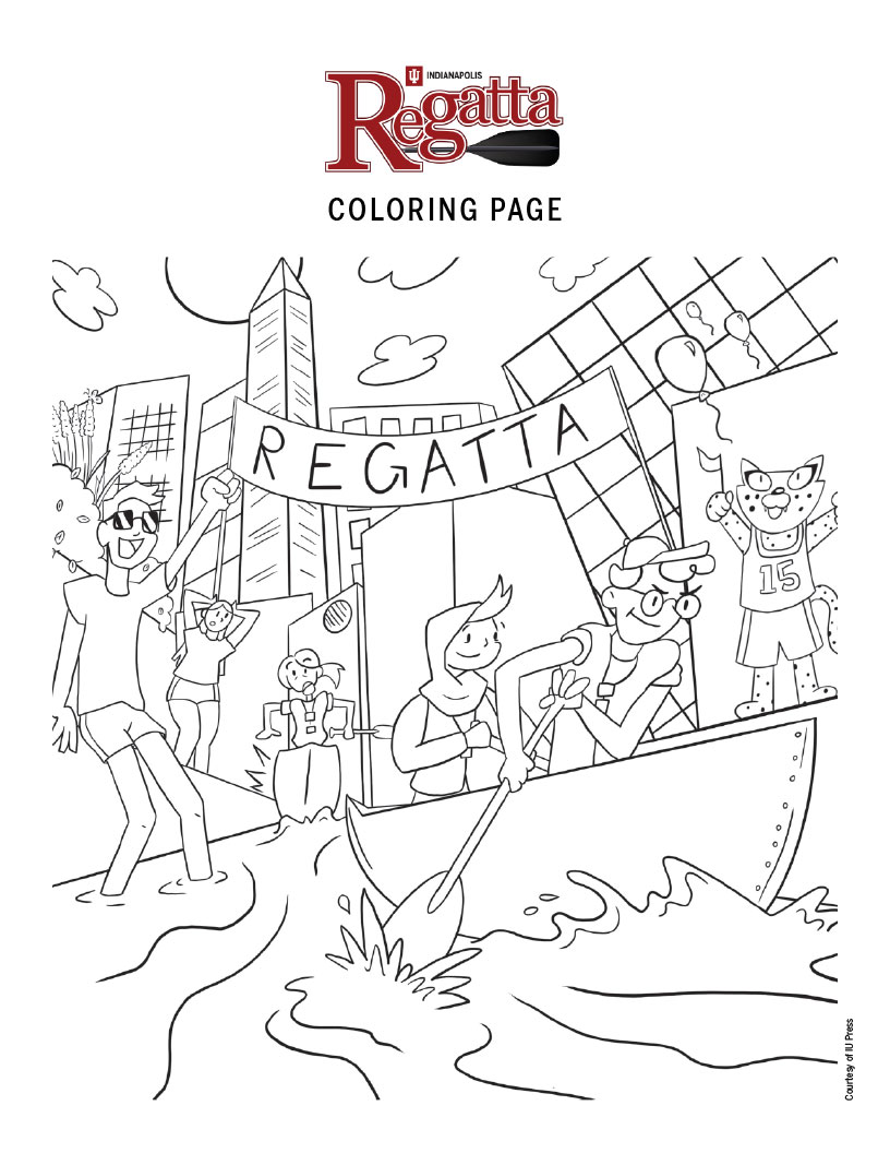 Coloring page 1: students competing in Regatta boat race in Indianapolis canal