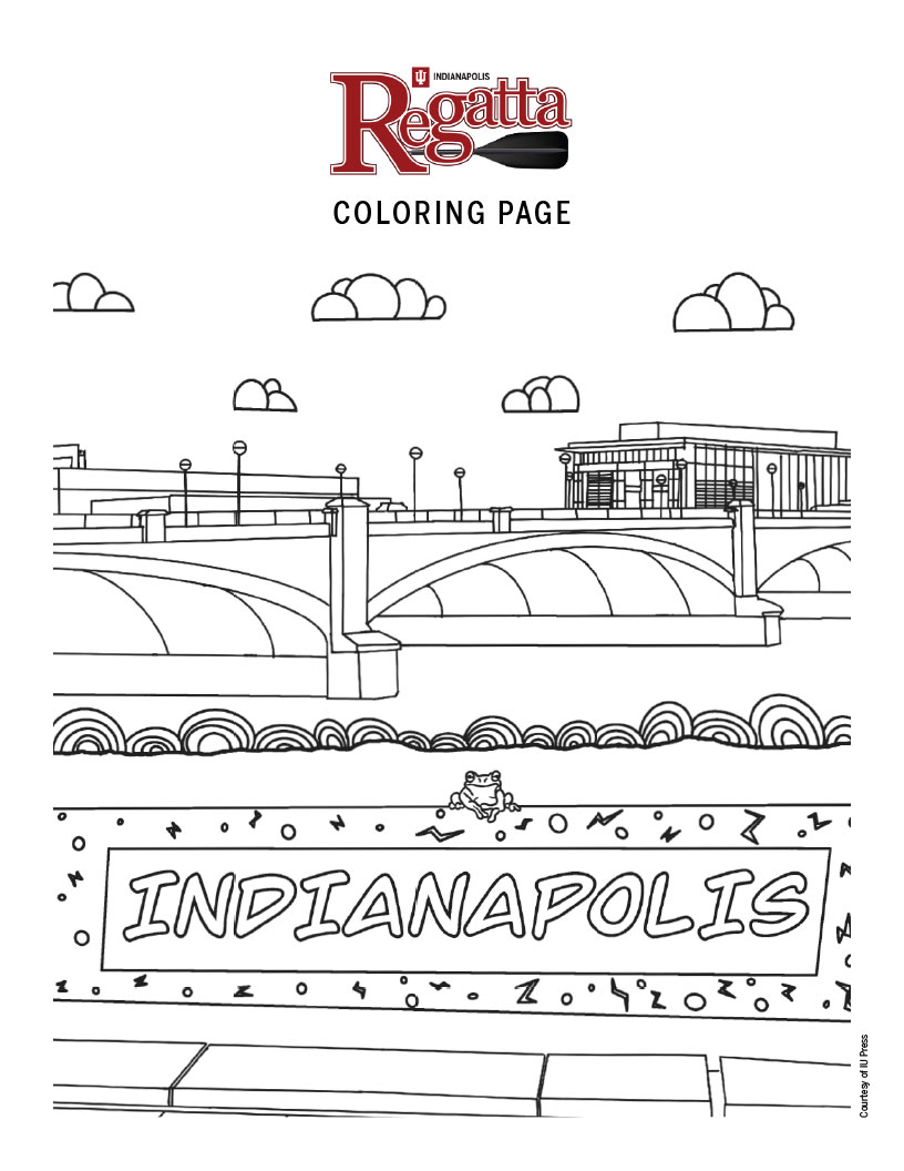 Coloring page 2: frog sitting on 'Indianapolis' sign with landscape background
