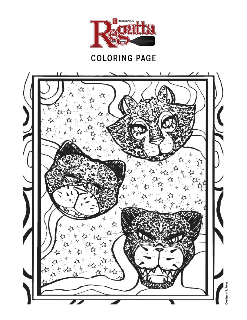 Coloring page 3: three Jaguar faces with starry background