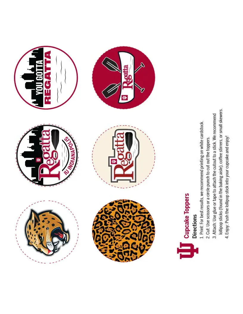 Six I U Regatta-themed cupcake topper designs with logos, a jaguar mascot, paddles, and leopard print.