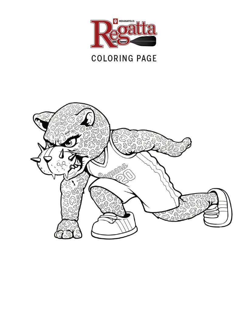 Coloring page featuring a crouching jaguar mascot