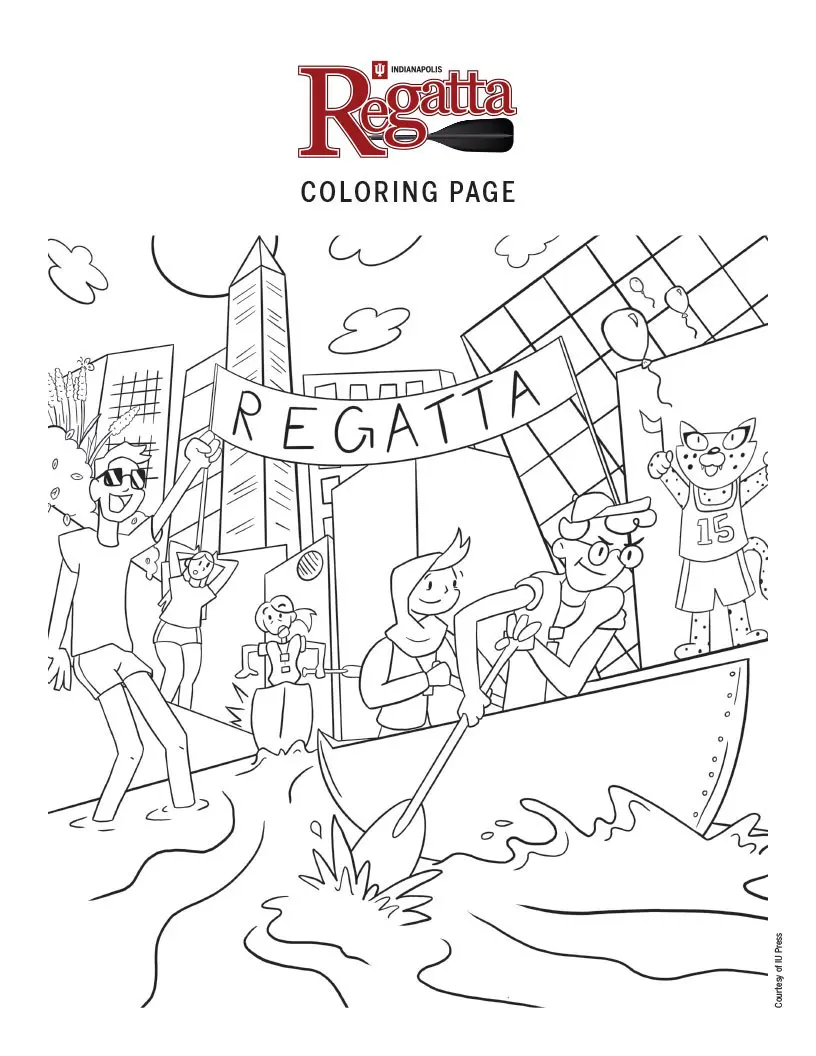 Coloring page featuring a students competing in Regatta boat race in Indianapolis canal