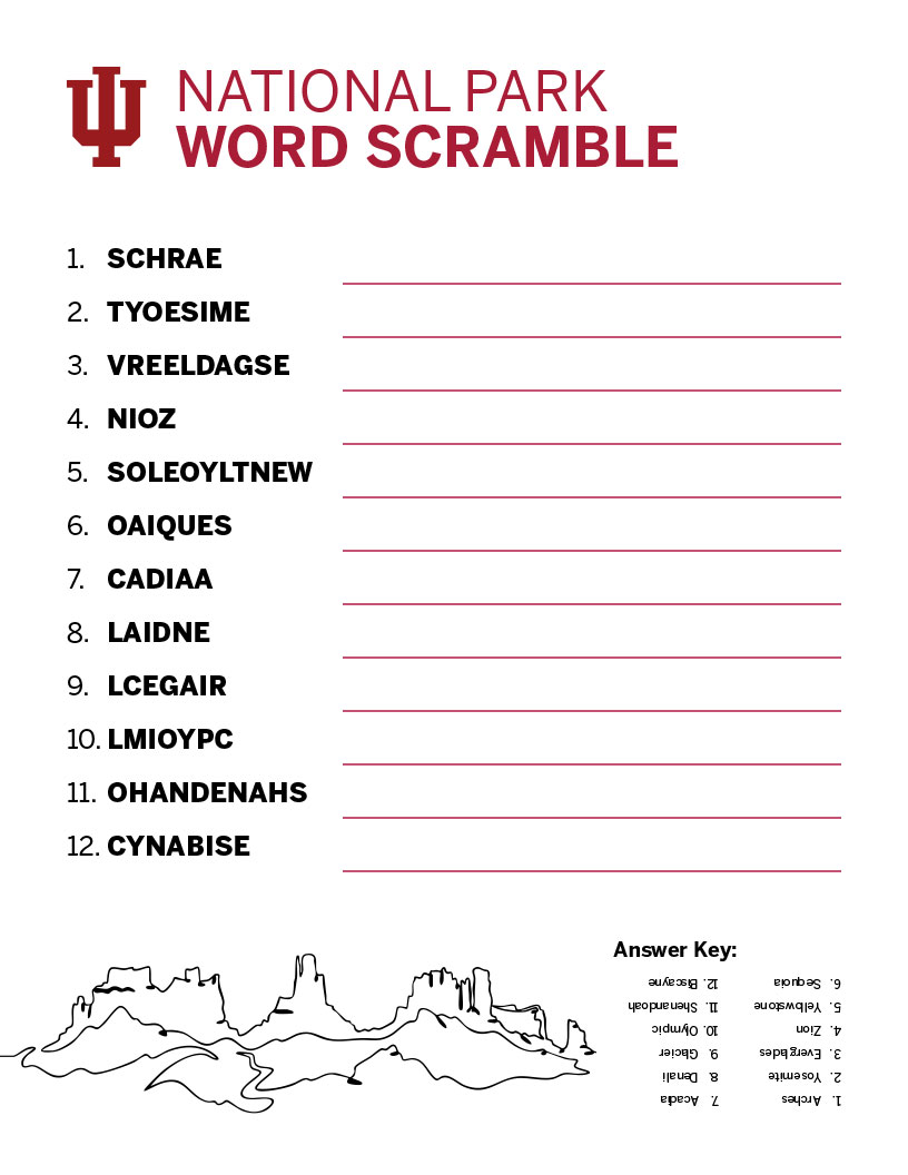 National Parks theme word unscramble game