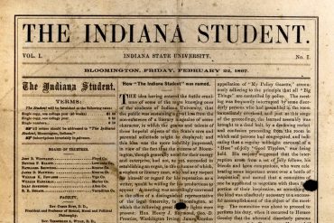 The image shows a well-worn, slightly damaged image of the front page of the first issue of what would become the Indiana Daily Student. The masthead reads "The Indiana Student." Below that, issue and date details are listed, followed by a listing of the terms (single copy, one college year: $1.50), board of trustees, and a lengthy article titled "How the Indiana Student was named."