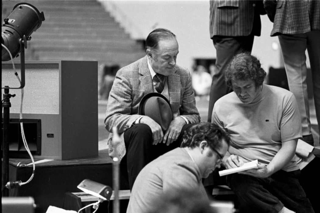 Bob Hope preparing for the Homecoming Show at Assembly Hall in October 1971. Photo courtesy of IU Archives.