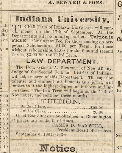 Tuition advertisement from Sept. 28, 1861. Photo courtesy of IU Archives.