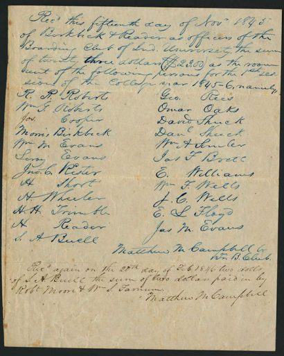 A boarding club receipt for room rent dated Nov. 15, 1845. Photo courtesy of IU Archives.