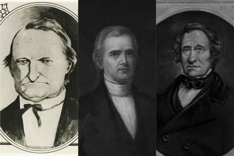 Among the first (and only members) of IU's faculty, tensions were high when Andrew Wylie, center, was named president. The two professors in the 1830s were John H. Harney, left, and Baynard R. Hall, right.