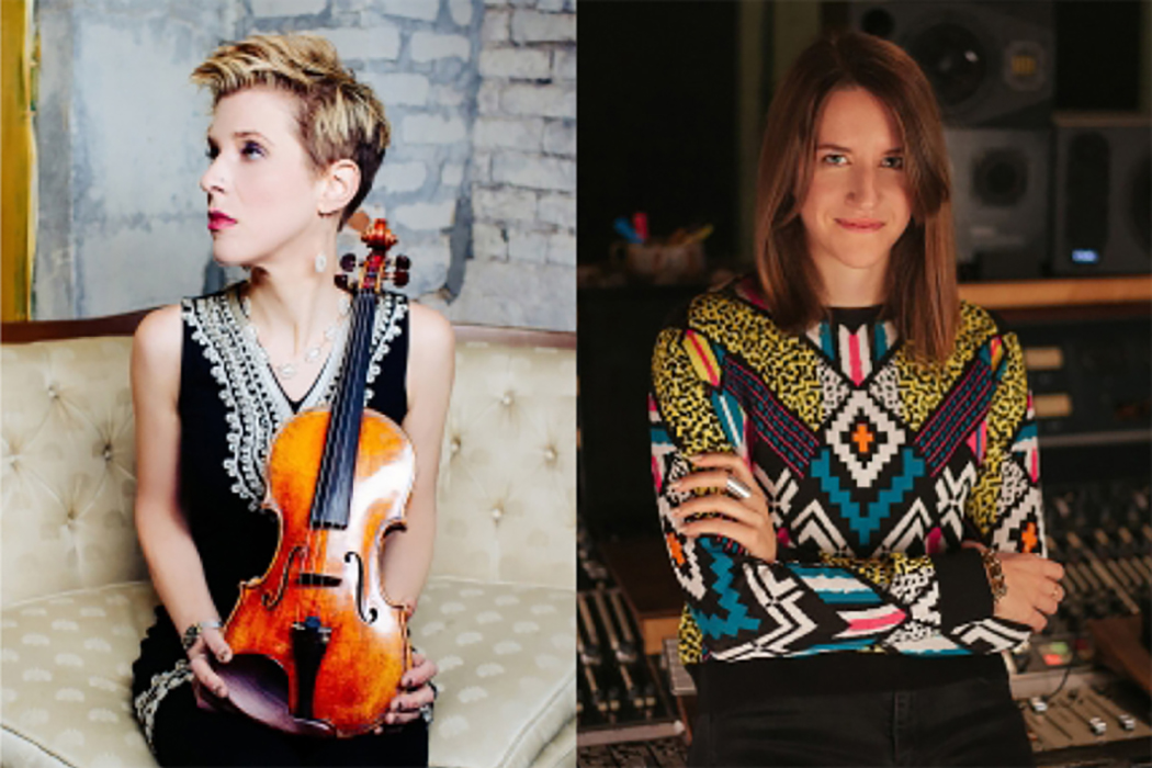 In this composite of two separate photos, Sarah Caswell is pictured at left, seated on a couch, holding her violin. At right, Laura Sisk is in a studio leaning back on ledge in front of numerous buttons and dials. 