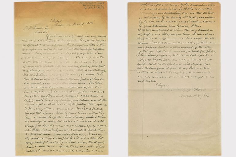The letter from Andrew Wylie, Jr. to D.D. Banta, Esq., dated Dec. 17, 1882. Photo courtesy of IU Archives.