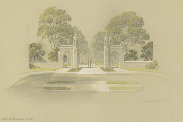 1967: Originally prepared in 1961, this gothic style “Fifth Street Gateway” proposed by Eggers & Higgins, wasn’t settled upon until 1968. This approved design of the Sample Gates is the one that we know today.