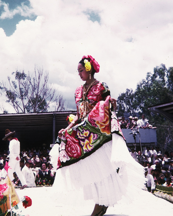 A woman wearing a lace-trimmed floral dress stands in profile against a cloudy sky. Caught mid-dance, her heels are raised and she’s lifting her skirt up slightly.