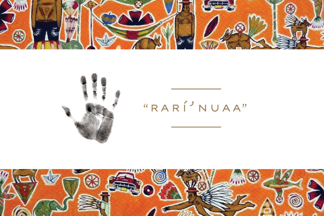 A handprint and the phrase “Rarí’ nuaa” are on a band of white. Framing the band are excerpts from a piece of Zapotec art, featuring people with wings and a variety of animals and items and shapes against an orange background.