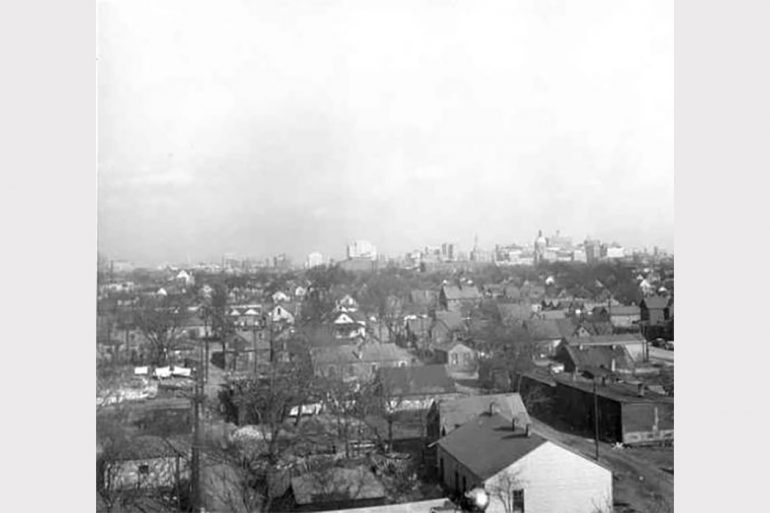 IUPUI Before: A view of downtown Indianapolis in the 1940s, with the neighborhood that would become IUPUI in the foreground. Photo courtesy of IUPUI Archives. 