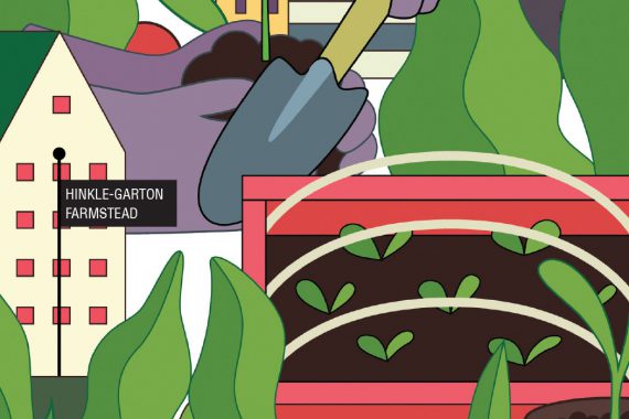 This graphic illustration is packed with iconography representing the IU Campus Farm, including seedlings, planters, watering cans, spades, seed packets, and more.