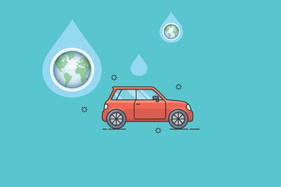 Graphic contains an illustration of a sparkling clean red car set against a turquoise background. Above the car are oversized water drops, some containing an illustration of Earth.