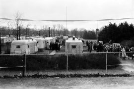 Residents gather around the Woodlawn Court trailer town on November 10, 1946.