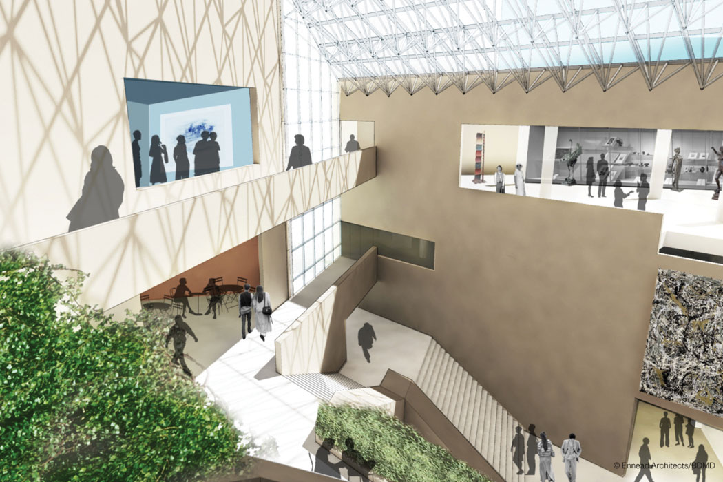 An architectural rendering showing a light-filled atrium with a walkway connecting the third-floor wings.