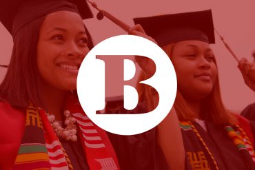 The letter "B" in a white circle overlays a red-filtered photo of two IU graduates turning the tassels on their mortarboards.