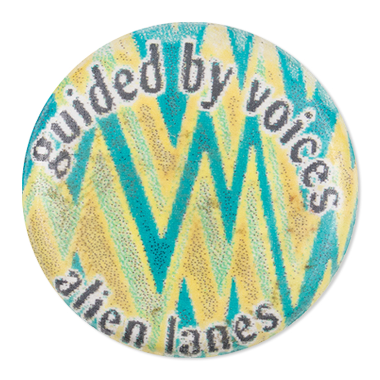 Guided by Voices button with blue and yellow design
