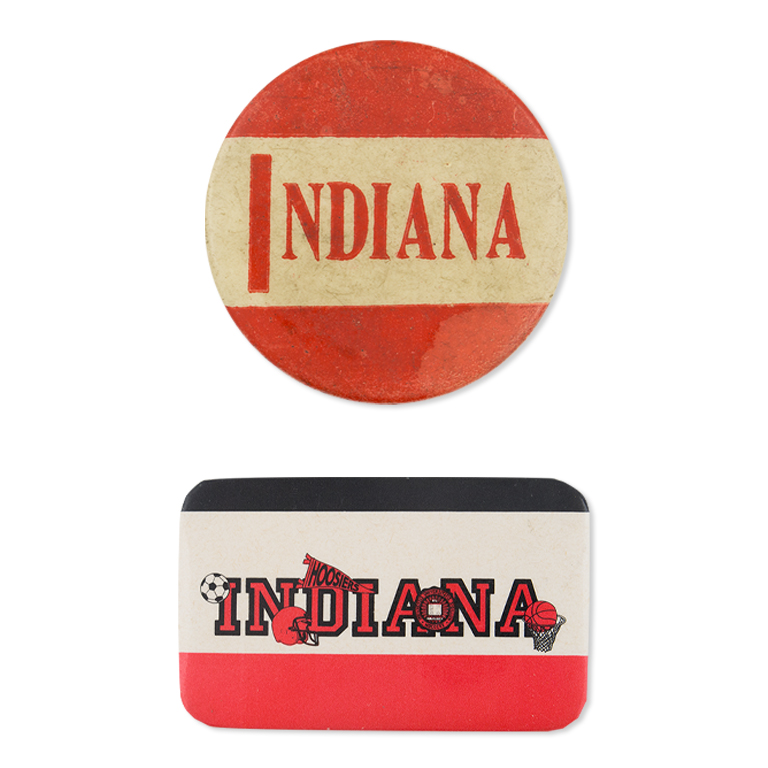 Two red and white Indiana buttons