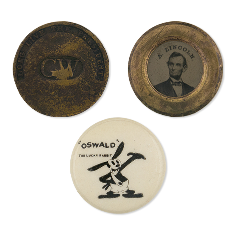 A George Washington button, an Abraham Lincoln button, and an "Oswald" button