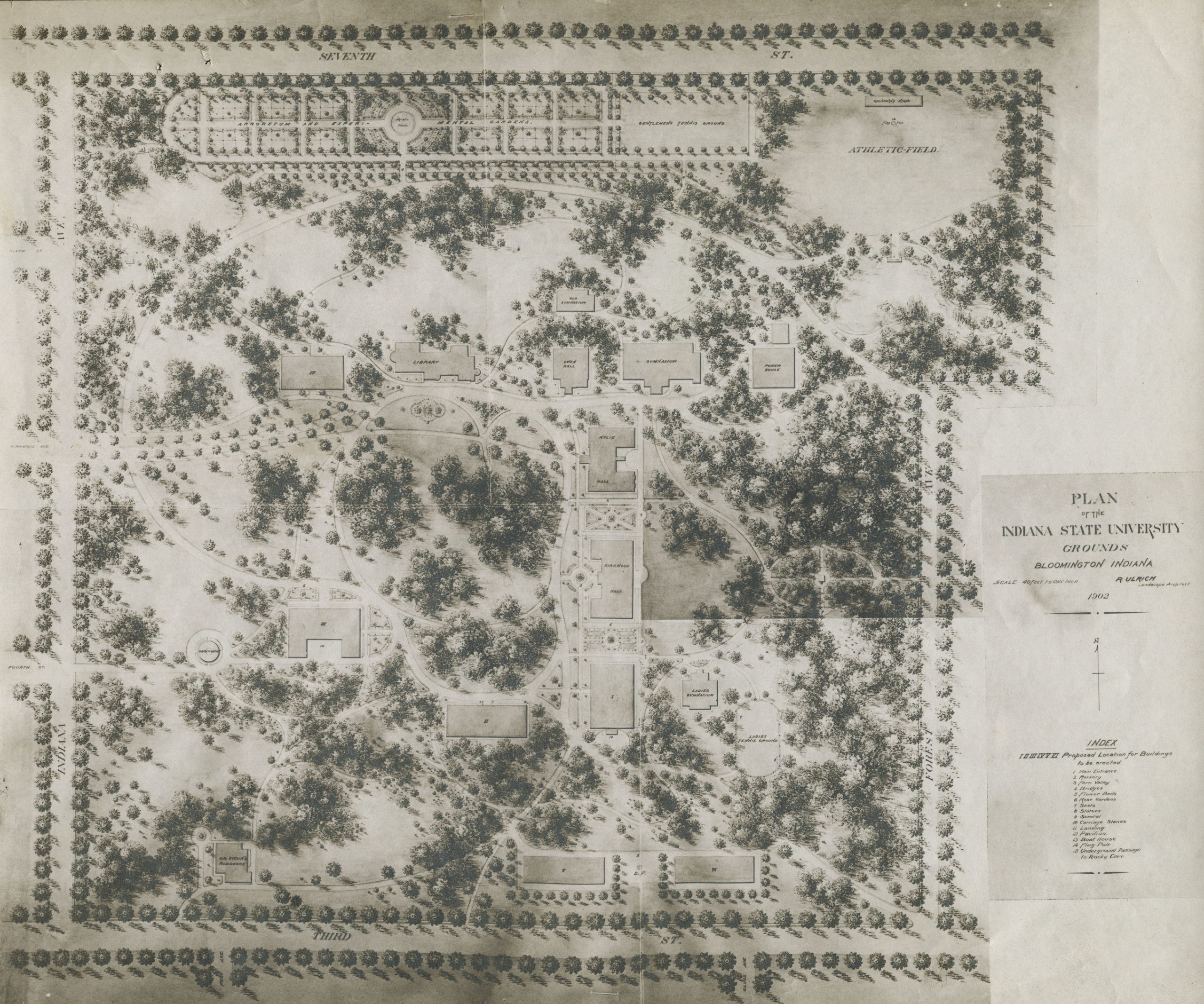 This black-and-white, hand-drawn rendering of the IU Bloomington campus features an aerial view of the campus area between Seventh Street on the north to Third Street on the south, and Indiana Avenue on the west and Forest Avenue on the East. The map legend, labeled "Plan of the Indiana State University Grounds," is located in the bottom right corner of rendering.