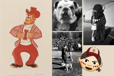 Collage of five IU Bloominton mascots: Pictured left is an illustration of a man wearing a crimson cowboy hat, white "I" turtleneck sweater, candy-striped blazer, and crimson pants; pictured top middle is a close-up, black-and-white photo of a bulldog's face; pictured bottom middle is a black-and-white photo of the bulldog on the sidelines of an IU football game; pictured top right is a black-and-white photo of an IU cheerleader hugging a costumed bison mascot; pictured bottom right is an emoji of an IU fan with candy-striped face paint and wearing an IU ball cap.