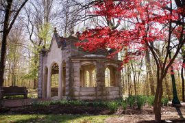 The limstone Rose Well House is pictured on a sunny, fall evening behind a tree of red foliage.
