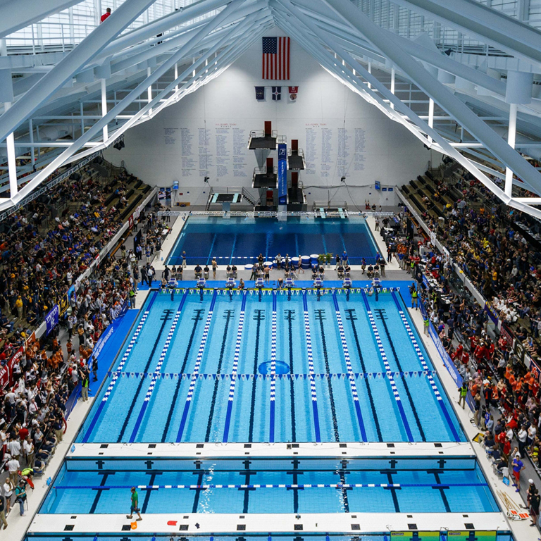 Overhead view of a nine-lane pool. Fans fill the stands to the right and left of the pool.