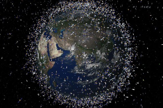 An illustration of planet Earth seen from space, surrounded by the innumerable satellites in its orbit.